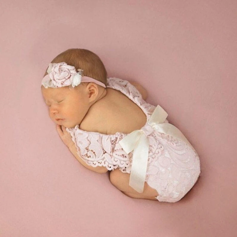 2 Pc Baby Bow Lace Romper Headband Set Newborn Photography Props Bodysuit Jumpsuit with Flower Hair Band Fotografie Costume