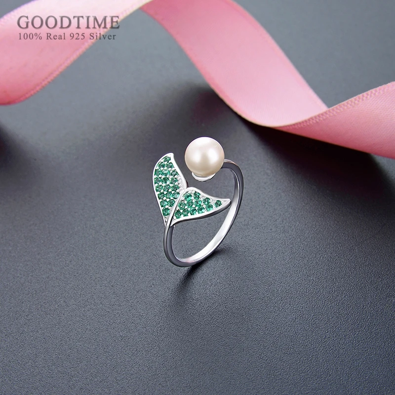 Women Rings Pure 925 Sterling Silver Jewelry Anniversary Open Ring Fishtail Shape Shell Pearl Green Zircon Ring Engagement Ring