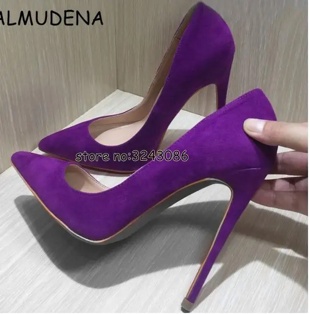 Purple Black Blue Suede Thin Heel Lady Pumps Shoes Wedding Party Dress Woman Shoes Pointed Toe Stiletto High Heels Shoes Slip-on