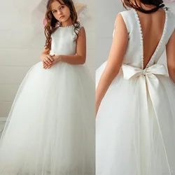 Backless Pearls Flower Girl Dress Trailer Puffy Wedding Party Gowns for Girl First Communion Dresses Eucharist Attended Princess