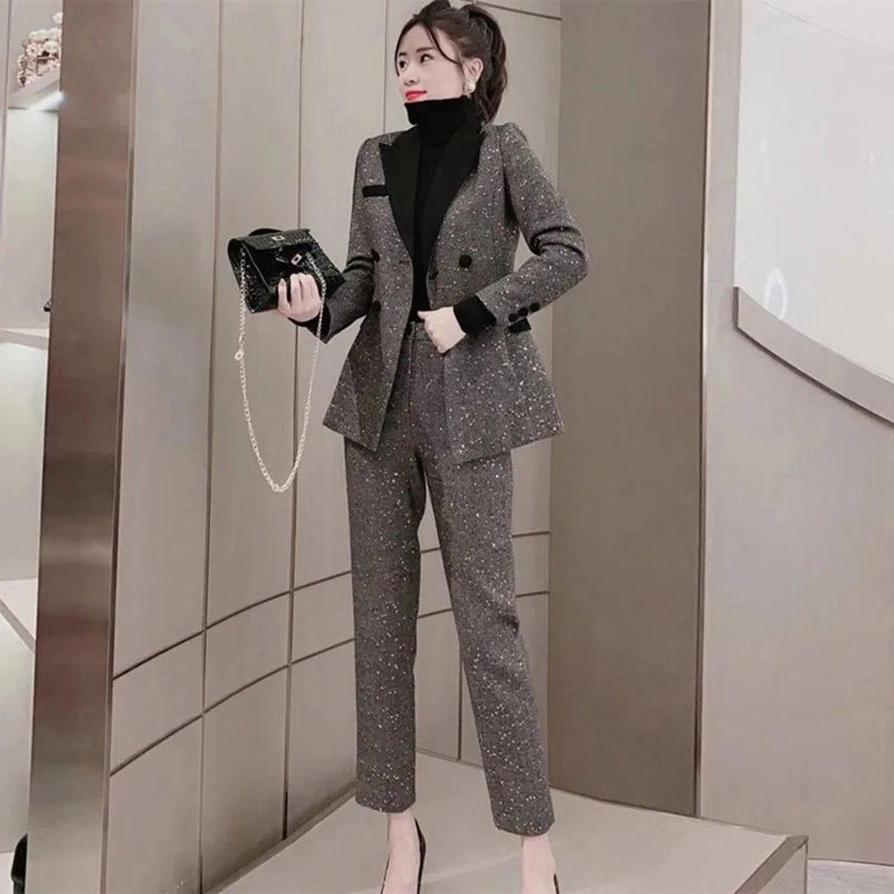 Set professionale in misto lana primavera autunno nuovo abito giacca pantaloni dritti abiti temperamento Office Lady Business Suit Set da 2 pezzi