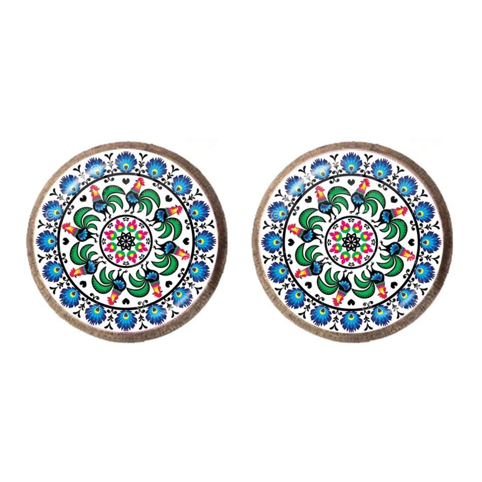 Polish Folk Art Pattern Glass Cabochon Earrings Peacock Ethnic Bohemia Flower Charm Fashion Jewelry For Women Girls Gift