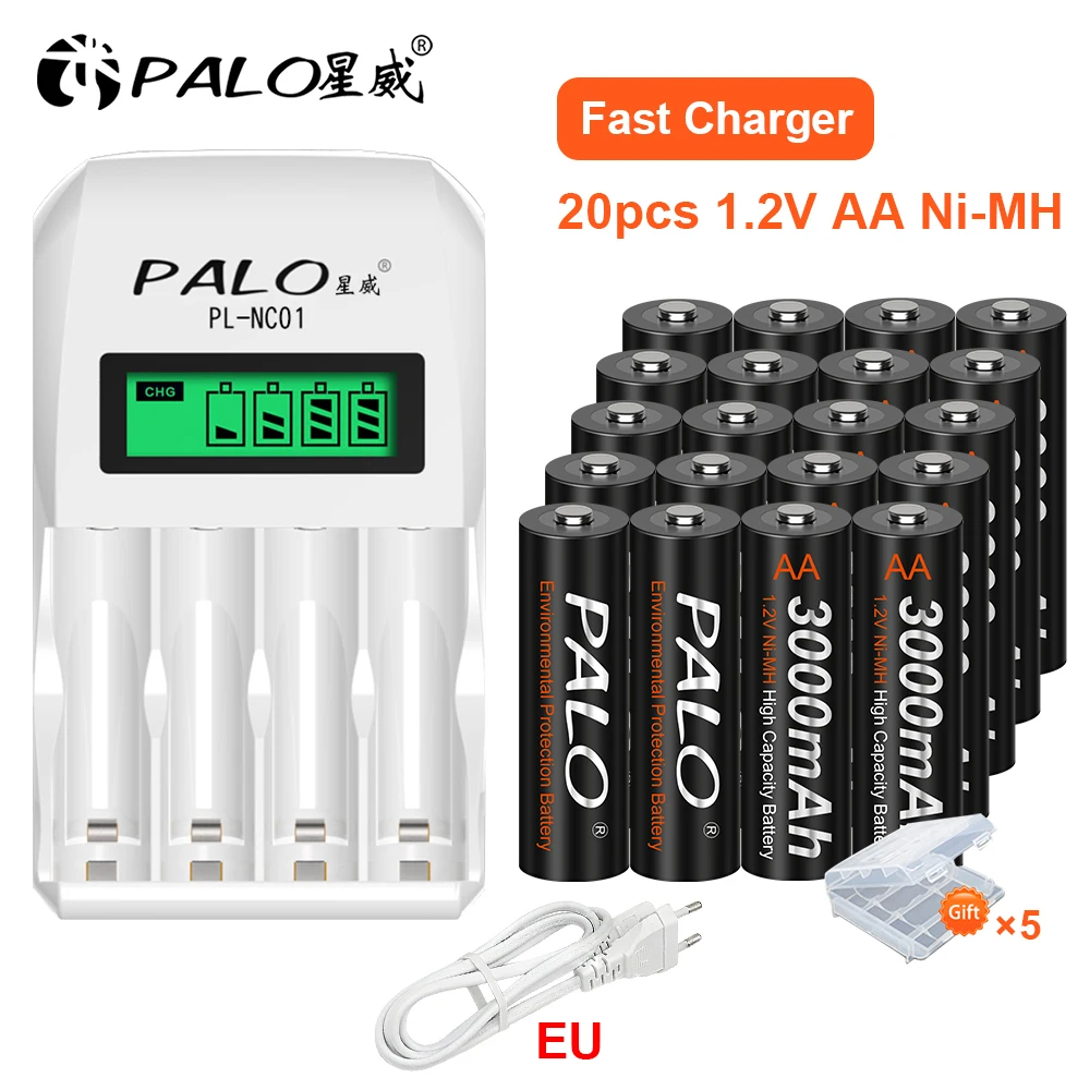 

PALO 100% original 1.2v AA rechargeable battery aa 1.2v nimh aa battery with LCD smart charger for 1.2v nimh aa aaa