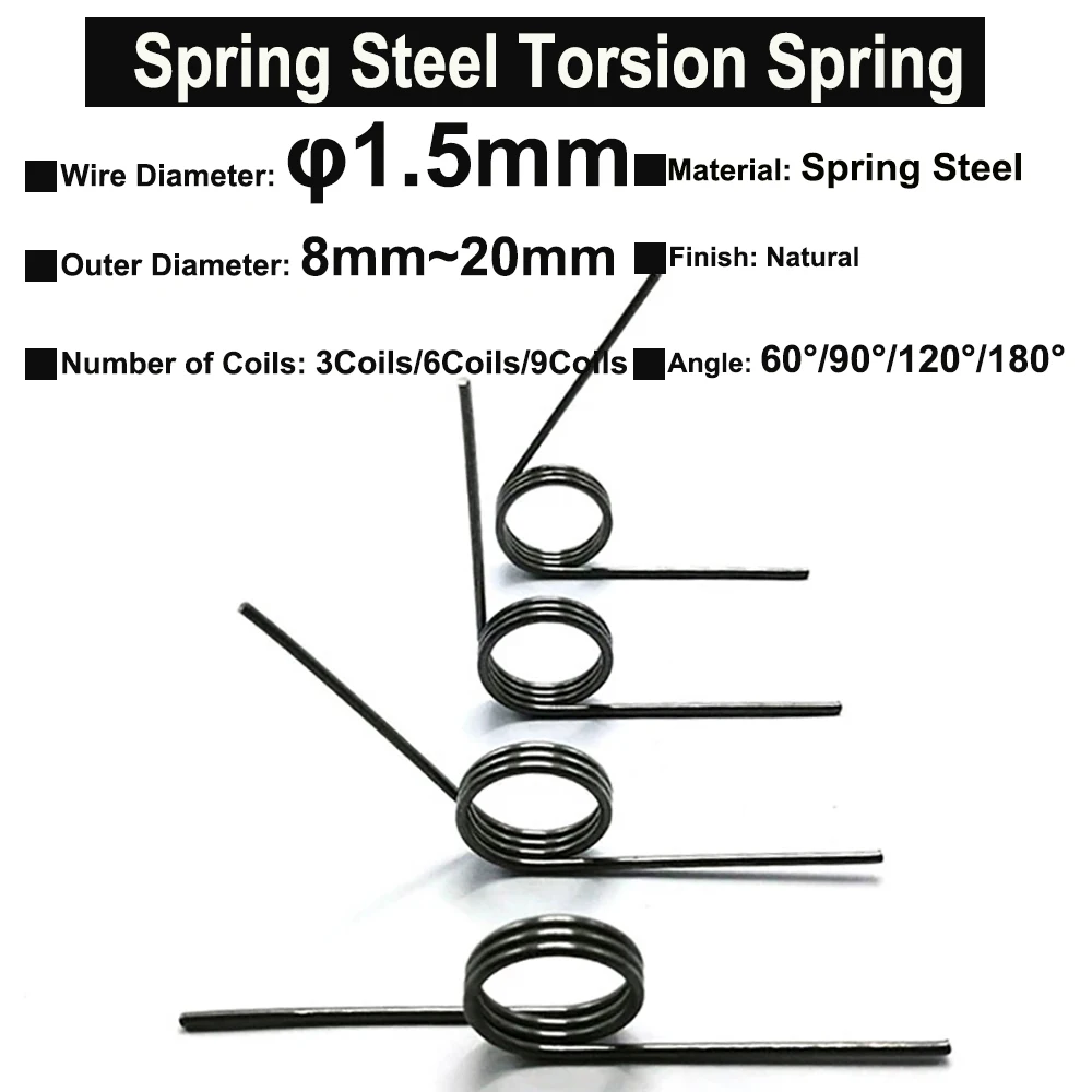 Yiqianyuan 10Pcs Torsion Spring Steel Wire Diameter 1.5mm Hairpin Springs 3/6/9 Coils Angles 60°/90°/120°/180° for DIY Crafts