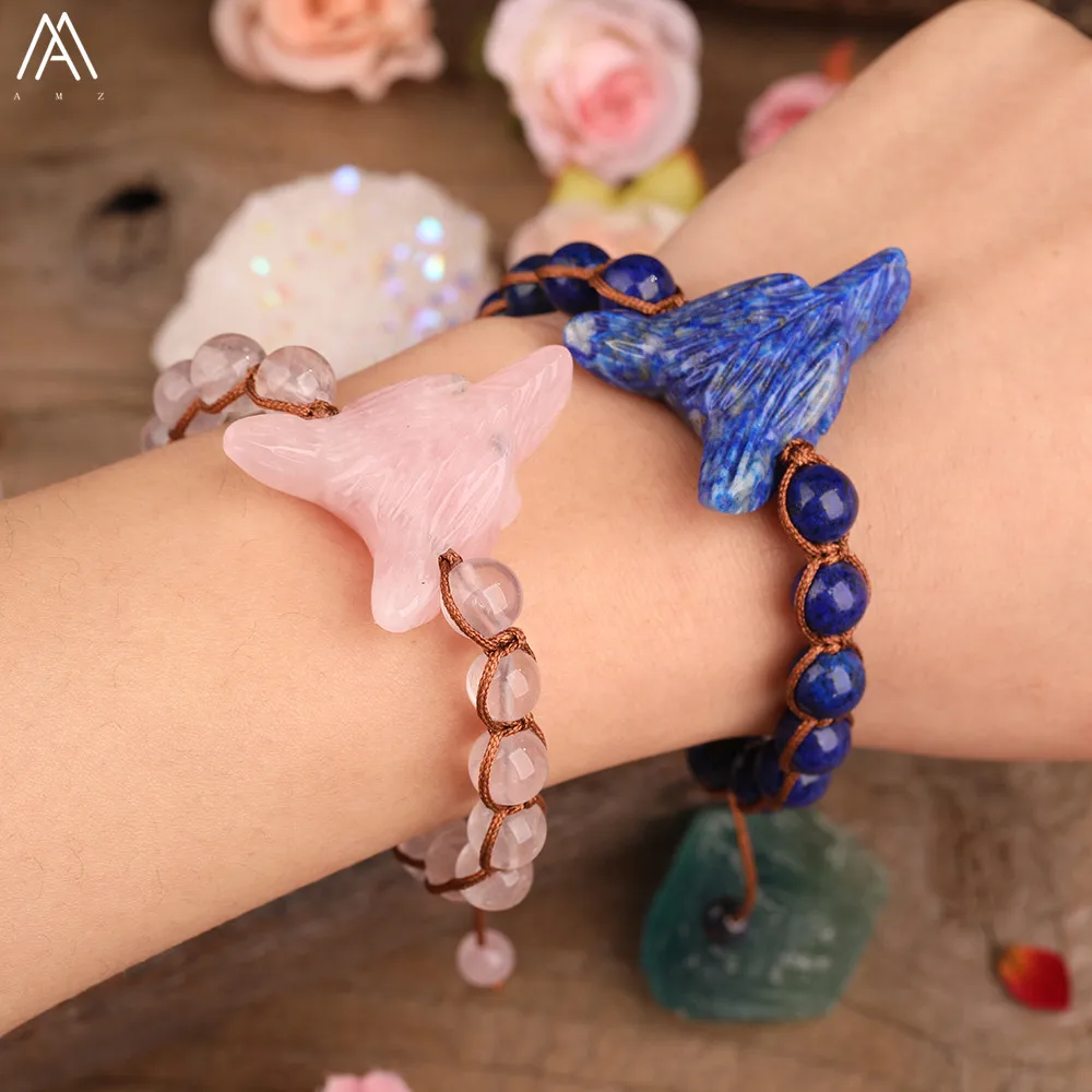 Natural Amethysts Roses Quartz Craved Wolf Head Beads Braided Adjustable Bracelets Women Stone Beads Woven Bracelet Dropship