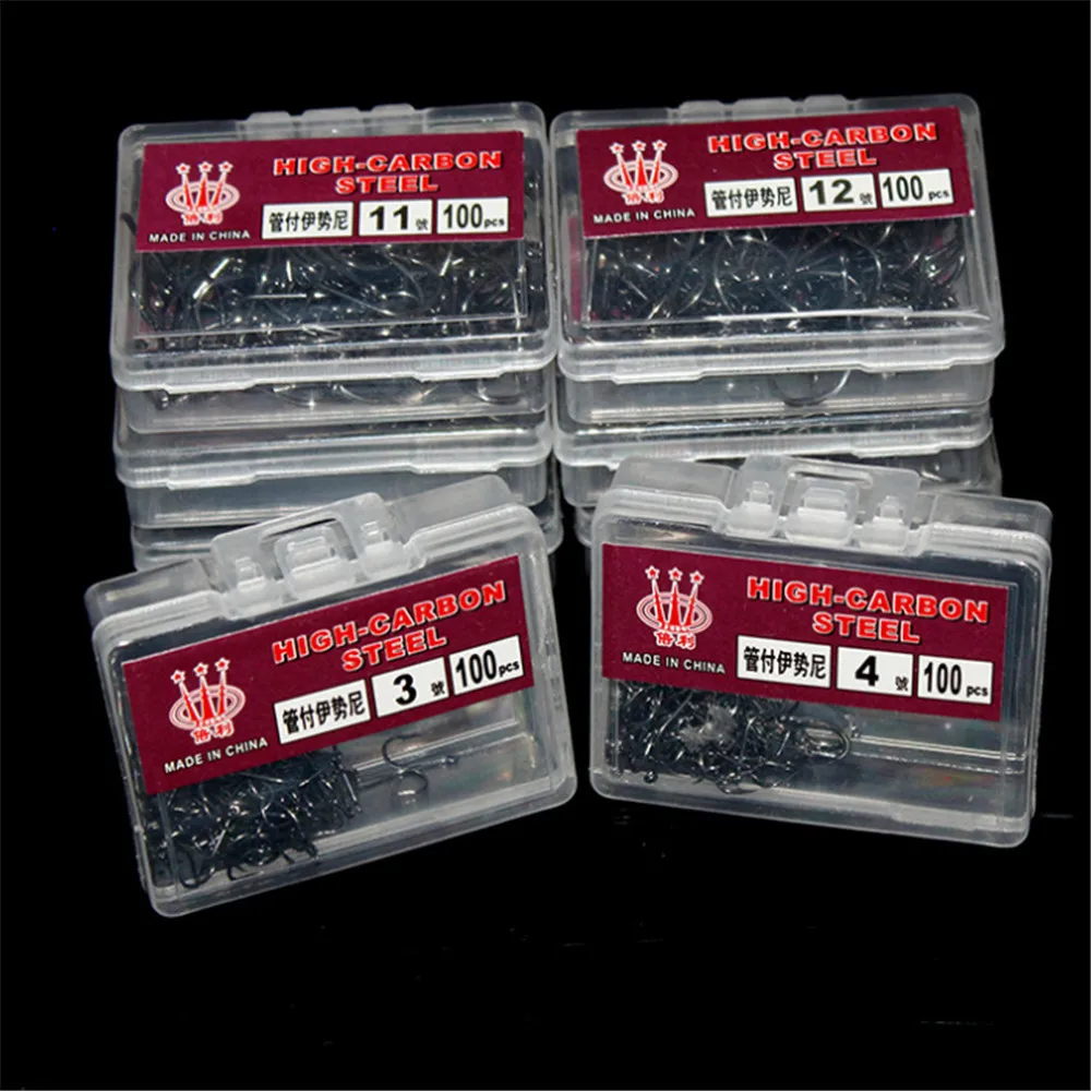 100pcs/Box High Carbon Steel Fishing Hooks Barbed  3#-12# Series Worm Pond Fishing Bait  Holder Jig Hooks Hole Accessories