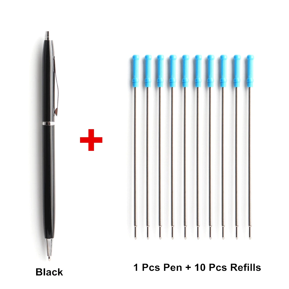 1+10 Pcs/Set Metal Ballpoint Pen With Refills For School Office Stainless Steel Material Ball Pen Black Blue Refill Ink