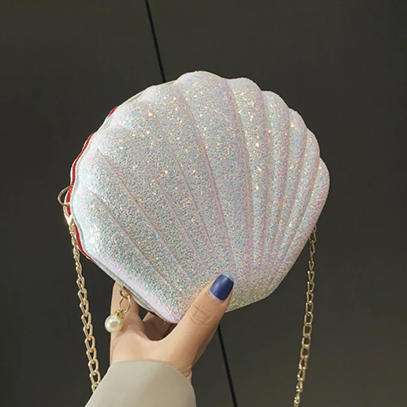 New Fashion Chains Crossbody Shoulder Bags for Women Shell Shape Sequined Small Handbag Purse Female Messenger Bag Clutch