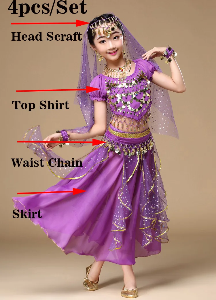 4pcs/1set Per Bambini Danza Del Ventre Costume Set Della Ragazza di Prestazione Della Fase Danza Del Ventre Vestiti per le Ragazze di Danza India bollywood Set