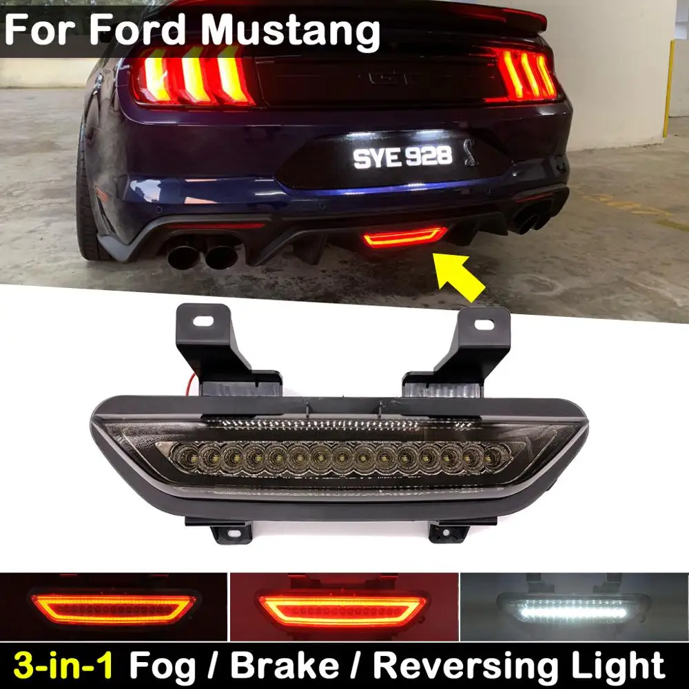 For Ford Mustang 2015-2018 3-In-1 Smoked Lens LED Red Brake Light Rear Fog Lamp White Revering Lights Backup Light