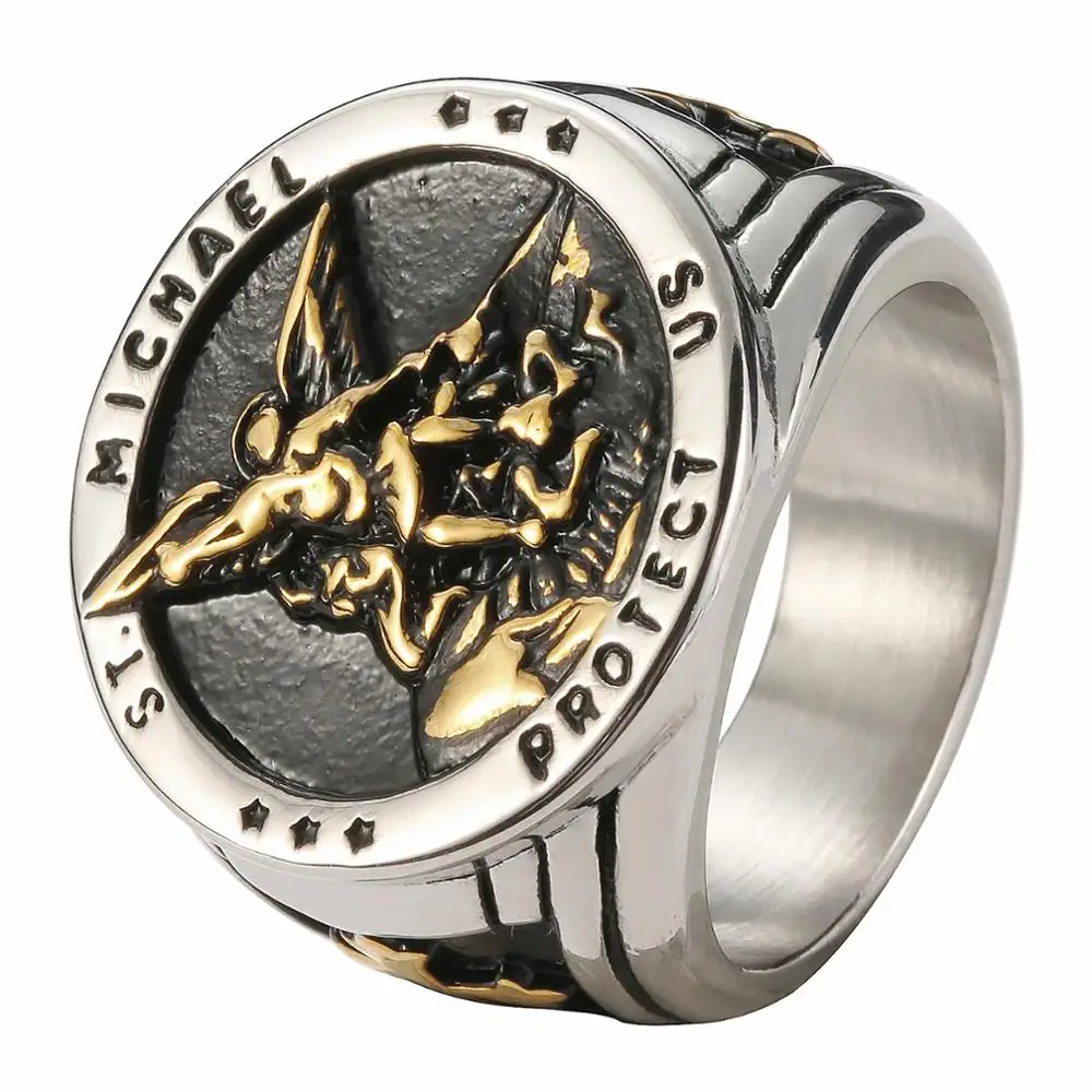 Size 7-14 Cross SAINT MICHAEL PROTECT US Ring 316L Stainless Steel Boys Mens New Cross Ring