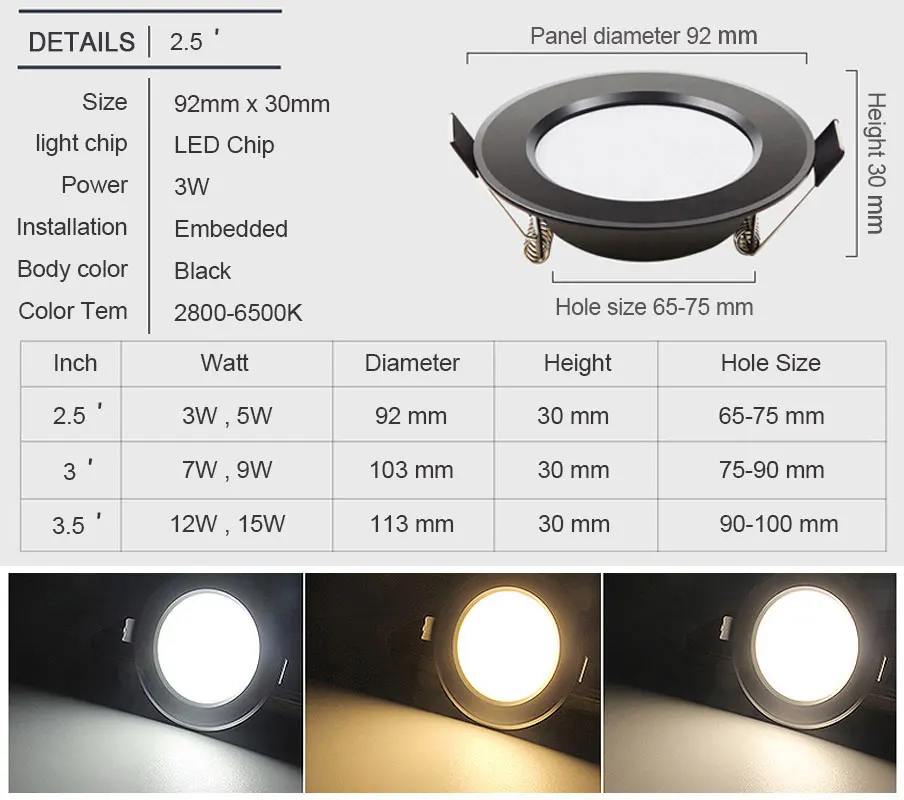 led downlight lamp Black waterproof 3w 5w 7W 9W 12W 15W led spot 220V 230V ceiling recessed downlights round led panel light