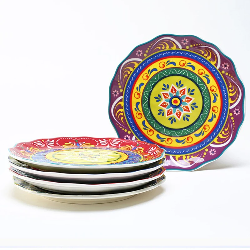 8 Inch Ceramic Plate Round Hand-Painted Flower Tableware  Fruit Salad Dishe Household Combination Plate Set Decorative Tableware