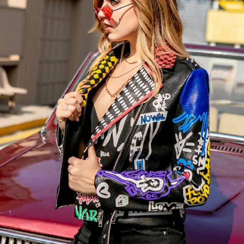 Spring and Autumn Punk High Waist Faux Leather Jacket Women Graffiti Studded Rivet Fashion Streetwear Short Motorcycle Coat