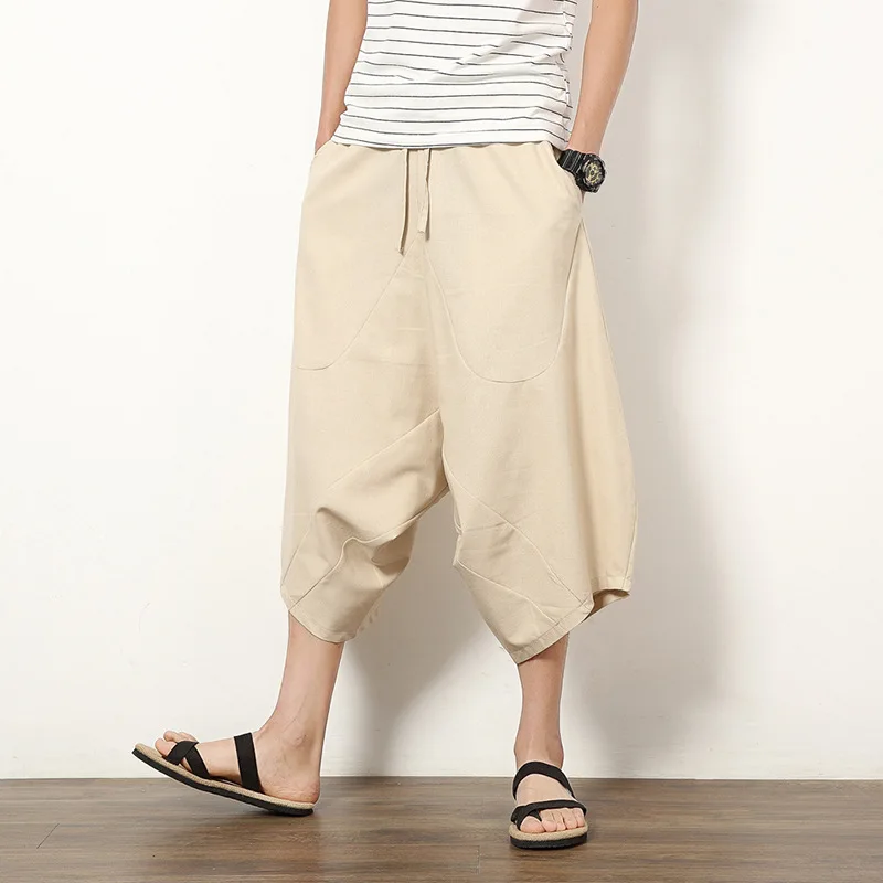 

Men's cotton hemp Harun pants linen pants low-end wide-legged pendant pants tide men's seven-point pants