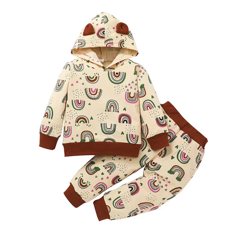 

Bear Ear Hooded Child Tracksuit Sets Boys Girls Clothing Sets Long Sleeve Toddler Tracksuit Rainbow Print Outfits Children Suit