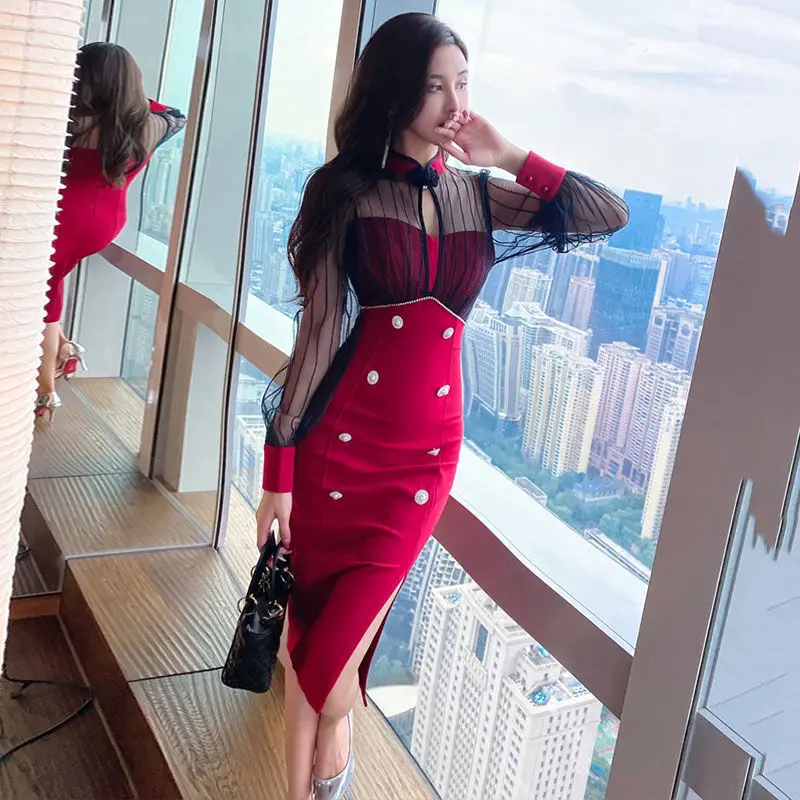 Autumn 2021 new female net yarn hollow stitching red dress ladies temperament double-breasted hip skirt