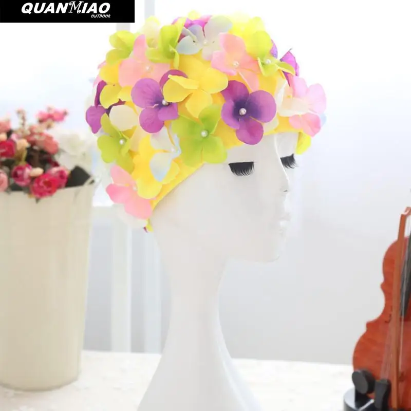 QuanMiao-여성용 꽃잎 수영 모자, 꽃 디자인 목욕 모자, 숙녀 수영 모자, 수영 풀 모자, 수영 모자