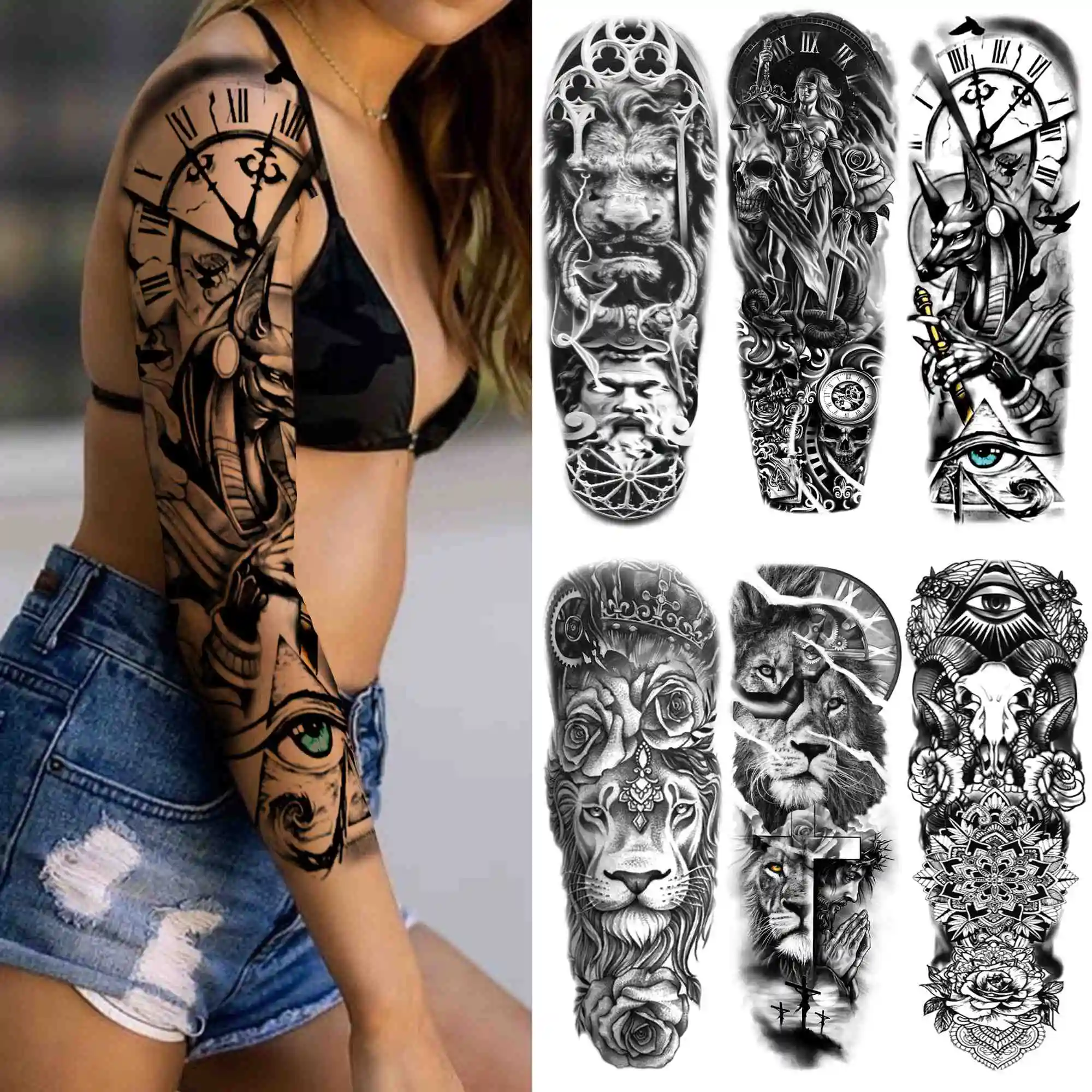 Black Warrior Temporary Tattoo For Women Men Adult Tribal Animal Fake Lion Tattoos Sticker Compass Clock Full Sleeve Tatoos Arm