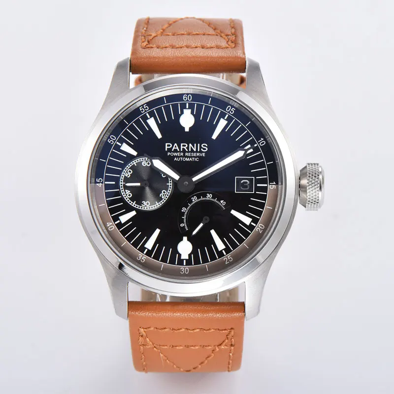 Luxury 46mm parnis Grey Dial Power reserve leather ST 2530 automatic movement mens watch