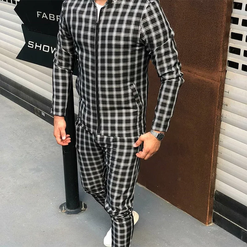 Men\'s Spring And Autumn Large Size Suit Casual Sports Fashion Joker Checkered Stand Collar Zipper Cardigan Jacket Trousers