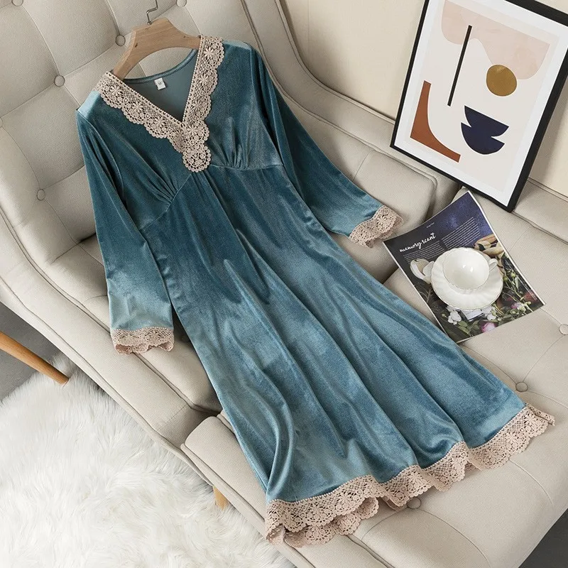 Velvet Sleepwear Women Sleep Dress V-neck Nightdress Velour Nightgown Nightwear 2021 New Intimate Lingerie Homewear