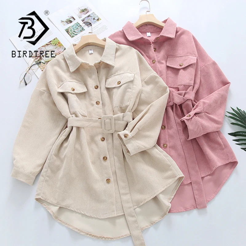 

Spring New Women Solid Corduroy Batwing Sleeve Vintage Shirt Jacket With Belt Turn-Down Collar Long Outwear Female Casual Tops