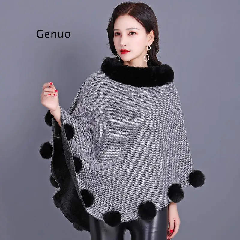 Plus Velvet Warm Pullover 2021 Winter Faux Fox Fur Out Street Wear Women Capes Solid Poncho Knitted O Neck Fur Sweater