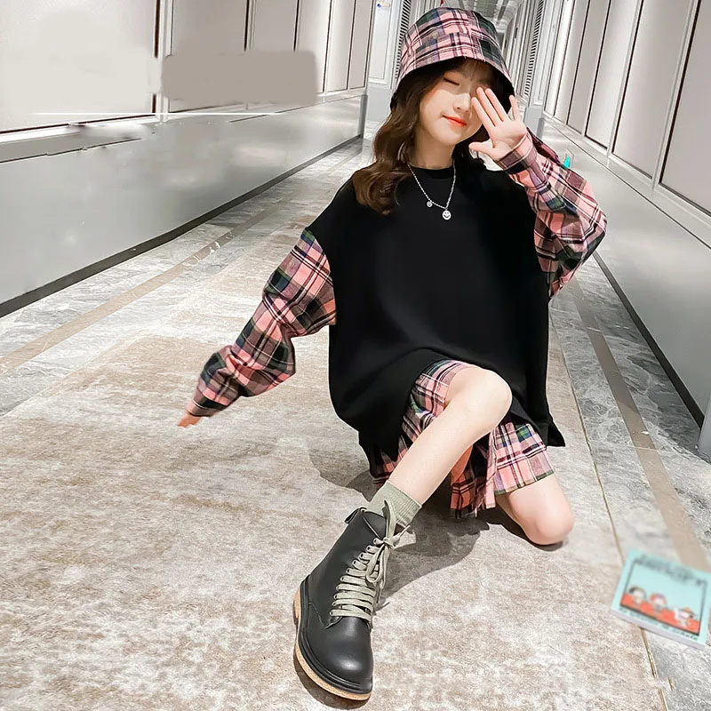 2021 Autumn New Girls Big Kids Dresses Teenager Fashion Suit Korean Denim Sweatshirt +Skirt Casual Clothing 4 5 7 9 11 13Y +Hat