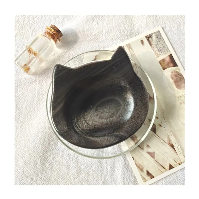 Sale Natural Healing Crystals Stone Carving Crafts Silver Obsidian Cat Bowl For Home Decoration