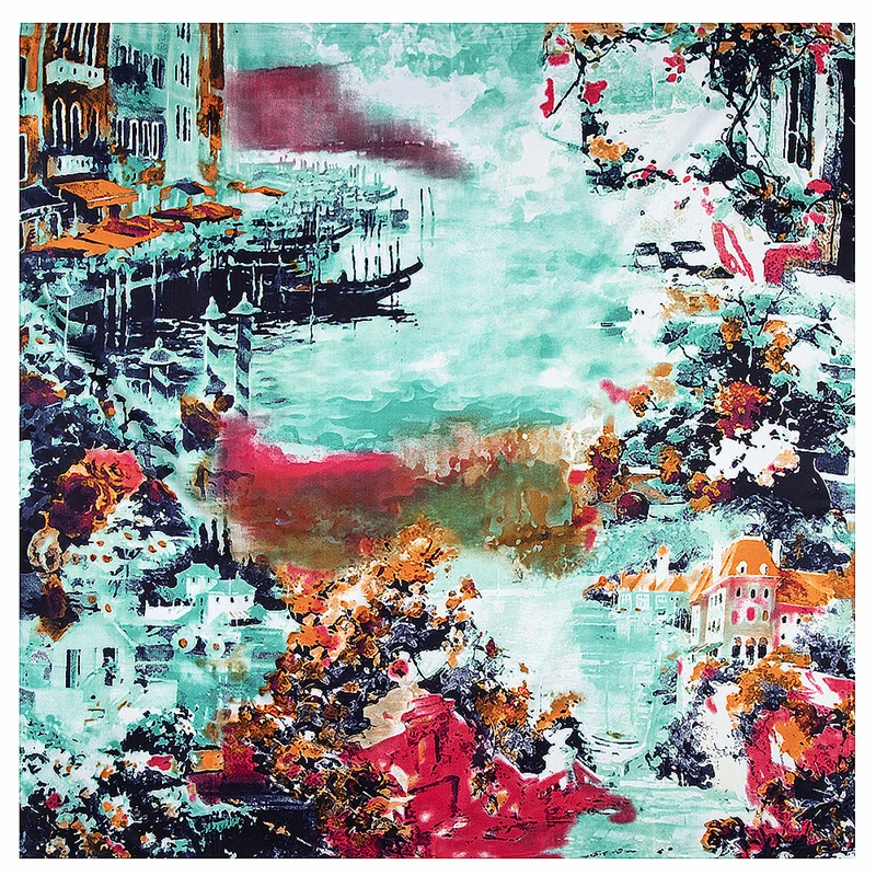 Classic New Oil Painting House Water Village Ship Ladies BrandTwill Silk Square Scarf Women Kerchief Scarves For Ladies Shawl