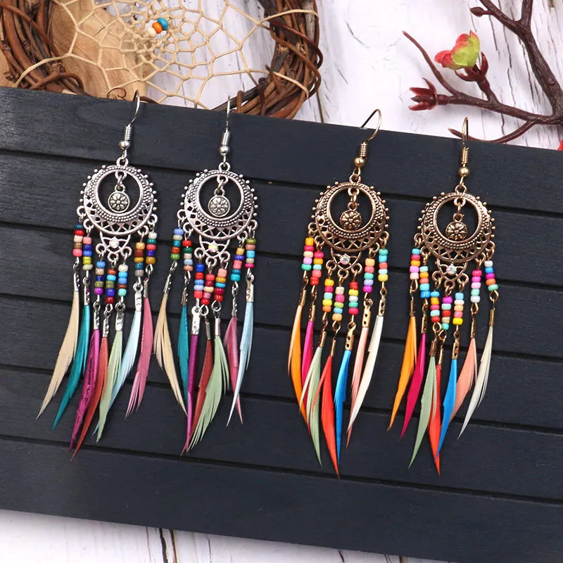 2024 Long Tassel Fashion Feather earrings Style Ethnic Boho Big Dangle Statement Earring Wedding Earrings Accessories Wholesale