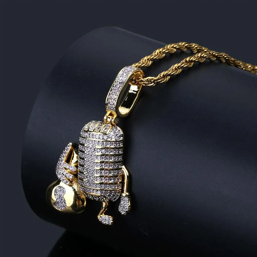 Hip Hop AAA Cubic Zirconia Bling Iced Out Dollar Money Bag Microphone Pendants Necklace for Men Rapper Jewelry Drop Shipping