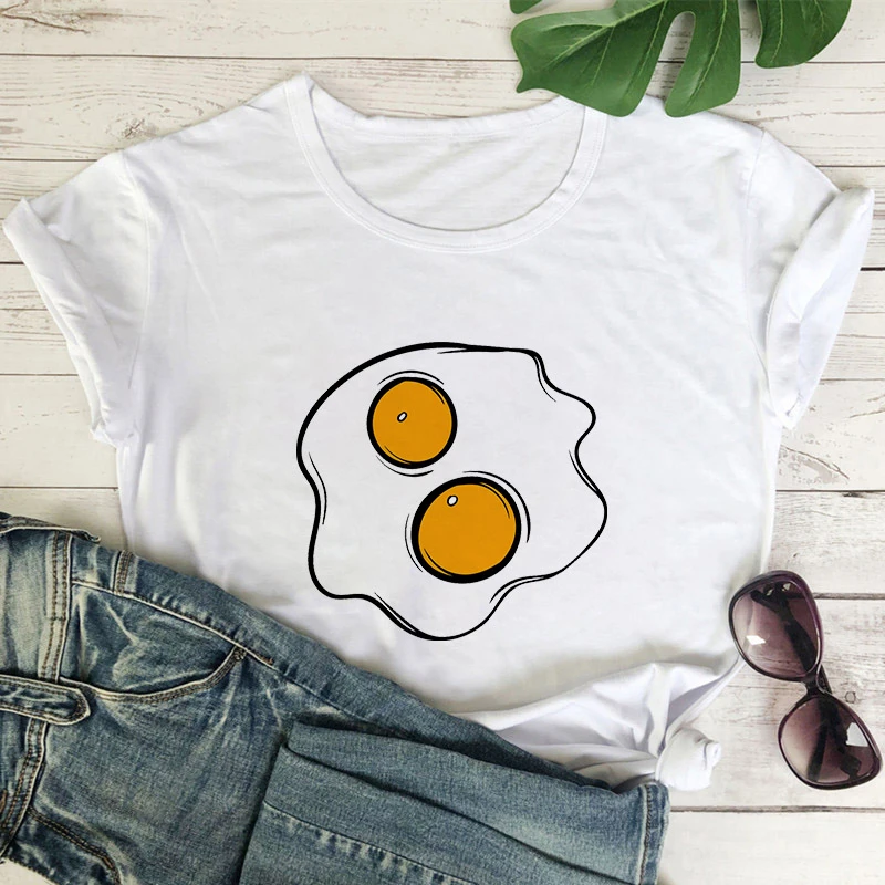 

Summer T-shirt Women White O-neck Tshirt Short Sleeve tshirt Simple T-shirt Fried egggraphics print Lady Tshirt Funny