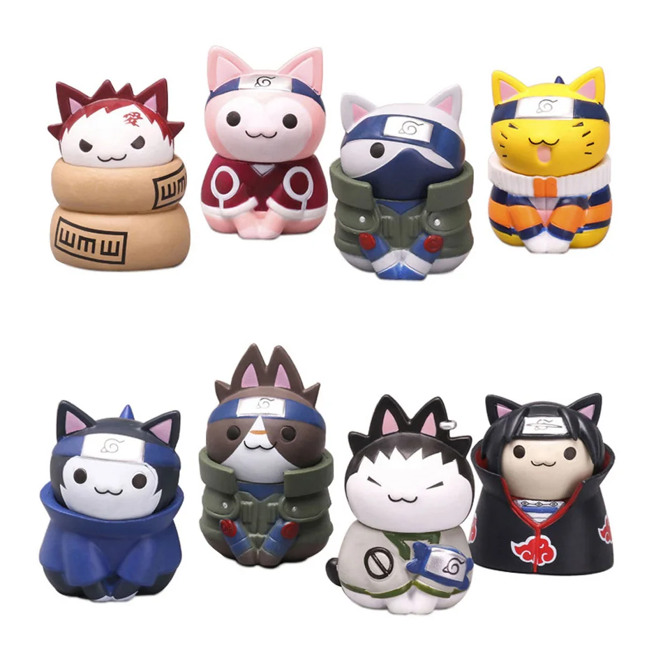 8Pcs Anime Naruto Figures Kawaii Mini Q Version Modle NARUTO Cat Action Figuras Cartoon Model Kids Gift Toys Suit Dropshipping