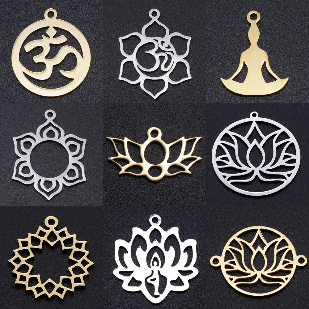 5pcs/lot Flower of Life DIY Charms Pendants Wholesale 316 Stainless Steel Yoga Lotus Connectors Om Hand Jewelry Pendant