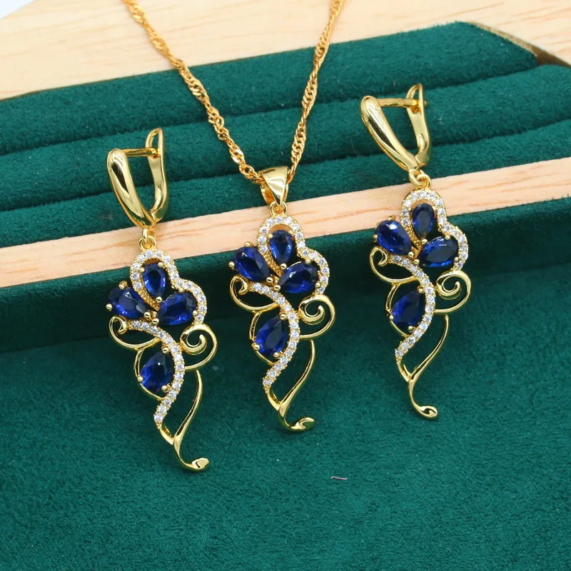 Distinctive Royal Blue Zircon Gold Color Jewelry Sets for Women Wedding Bracelet Earrings Necklace Pendant Ring Holiday Gift