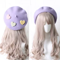 Bonito meninas kawaii pouco amor boina doce lolita headwear gorro roxo chapéu de lã artesanal feltro boina atacado