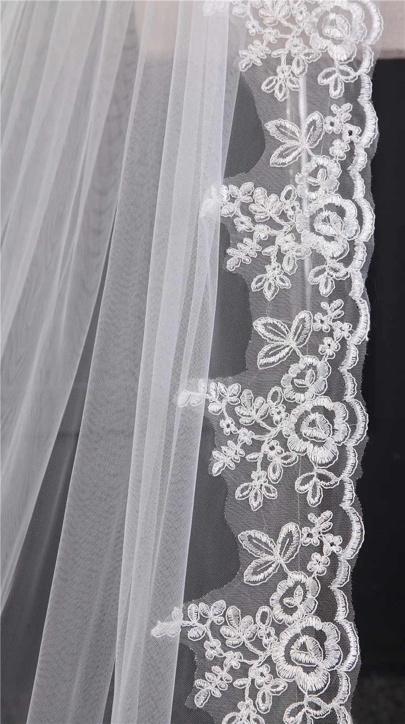 Elegante acessórios de casamento apliques tule longo catedral véus de casamento borda do laço 1t véus de noiva 3 metros veu noiva longo