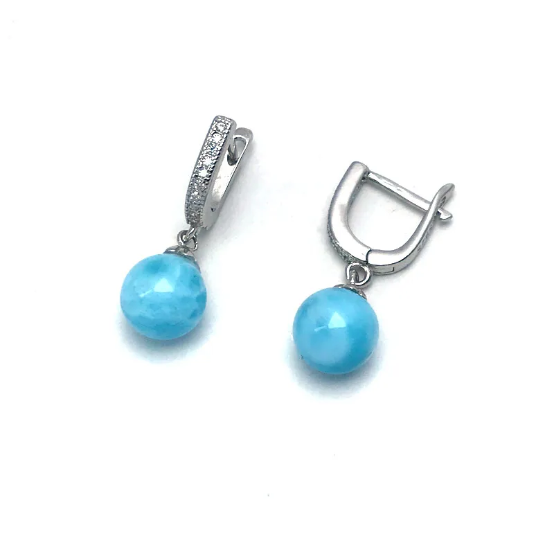 Natural Larimar Dangle Earrings Sterling 925 Silver Gemstone Bead 8-9mm Fine Jewelry for Woman Wedding Party Birthday Gift Box