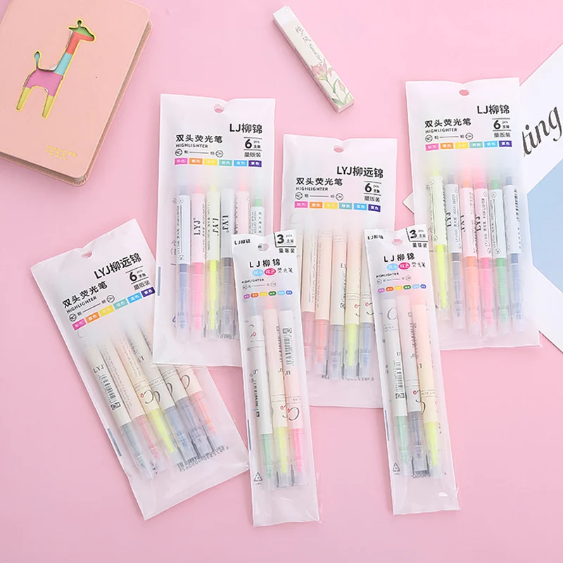3-6 PCS/Set Double Headed Highlighter Pen Set Fluorescent Markers Highlighters Pens Art Marker Colorful Cute Kawaii Stationery