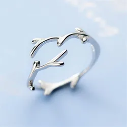 New Simple Fashion Antler 925 Sterling Silver Jewelry Personality Branch Popular Leaf Opening Rings R039