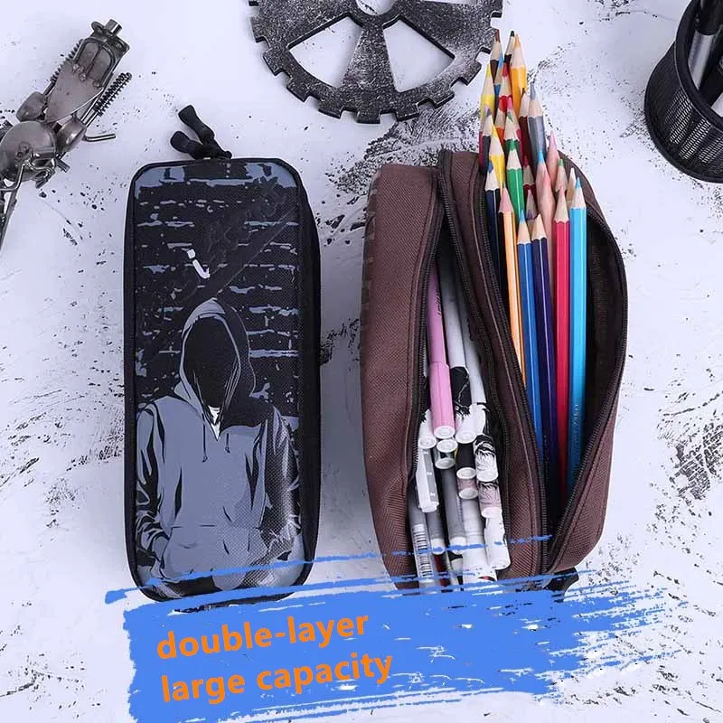 Handsome canvas pencil case Three-layer large capacity stationery box school Pencil cases for boys student pen case Cartoons bag