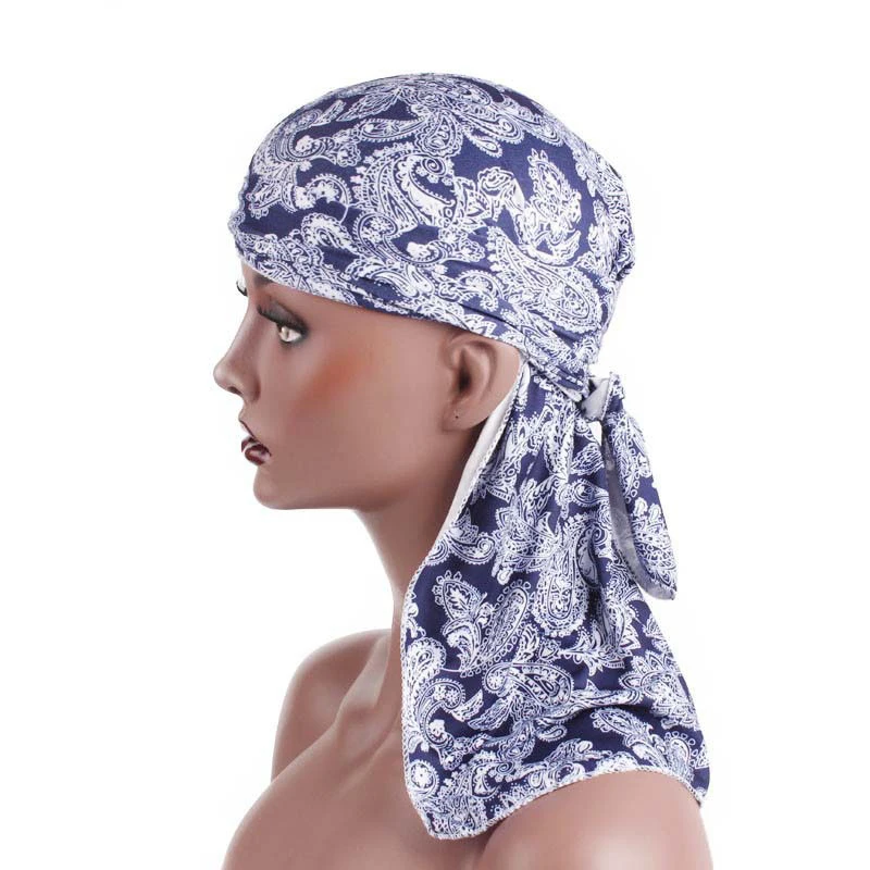 New Unisex Silky Durags Men Hiphop Du-rag Bandana Pirate Cap Du Doo Rag Street Turban Headwear Long Tail Women Print Head Wrap