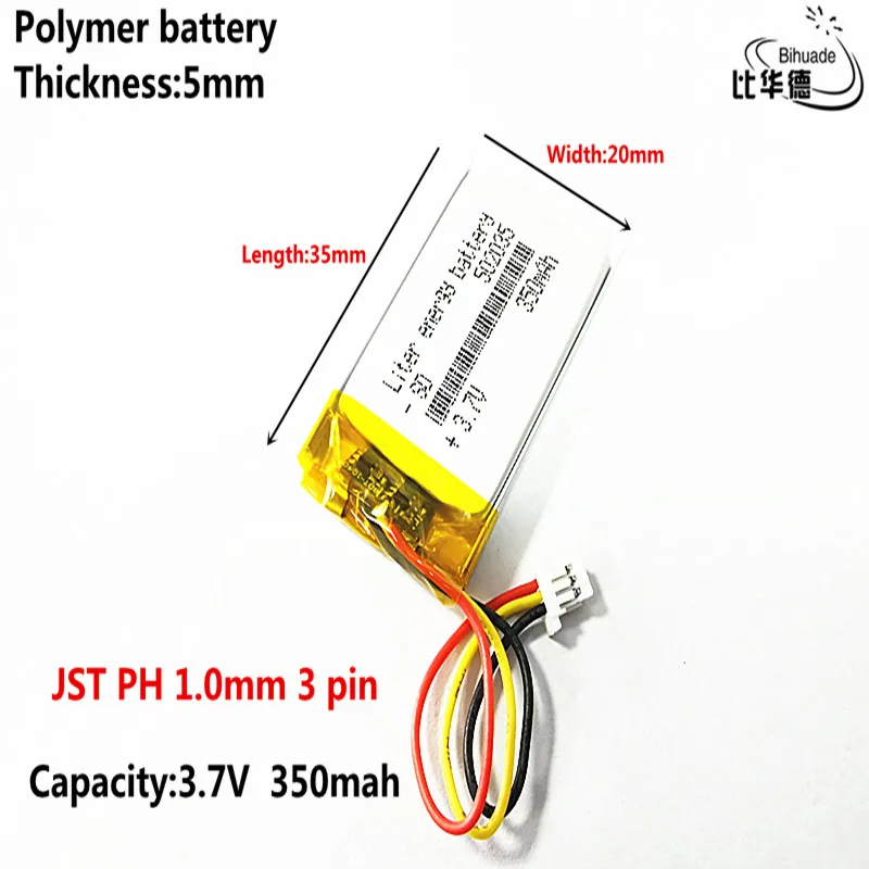 JST PH 1.0mm 3 pin 3.7V,350mAH,502035 polimerowy akumulator litowo-jonowy/litowo-jonowy do TOY,POWER BANK,GPS,mp3,mp4