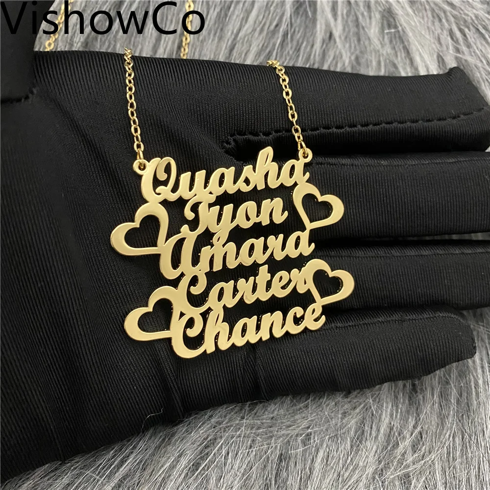 

VishowCo Custom Name Necklace Personalized Stainless Steel Multiple Heart Nameplate 1-5 Names Necklaces Gold Choker Women Gift