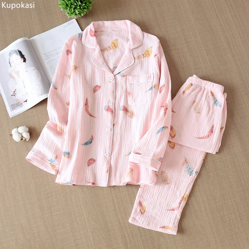 

Kupokasi Spring Autumn New Women Viscous Pajamas Set 2 Pieces Feather Printing Long-sleeved Cute Casual Sleepwear Suit