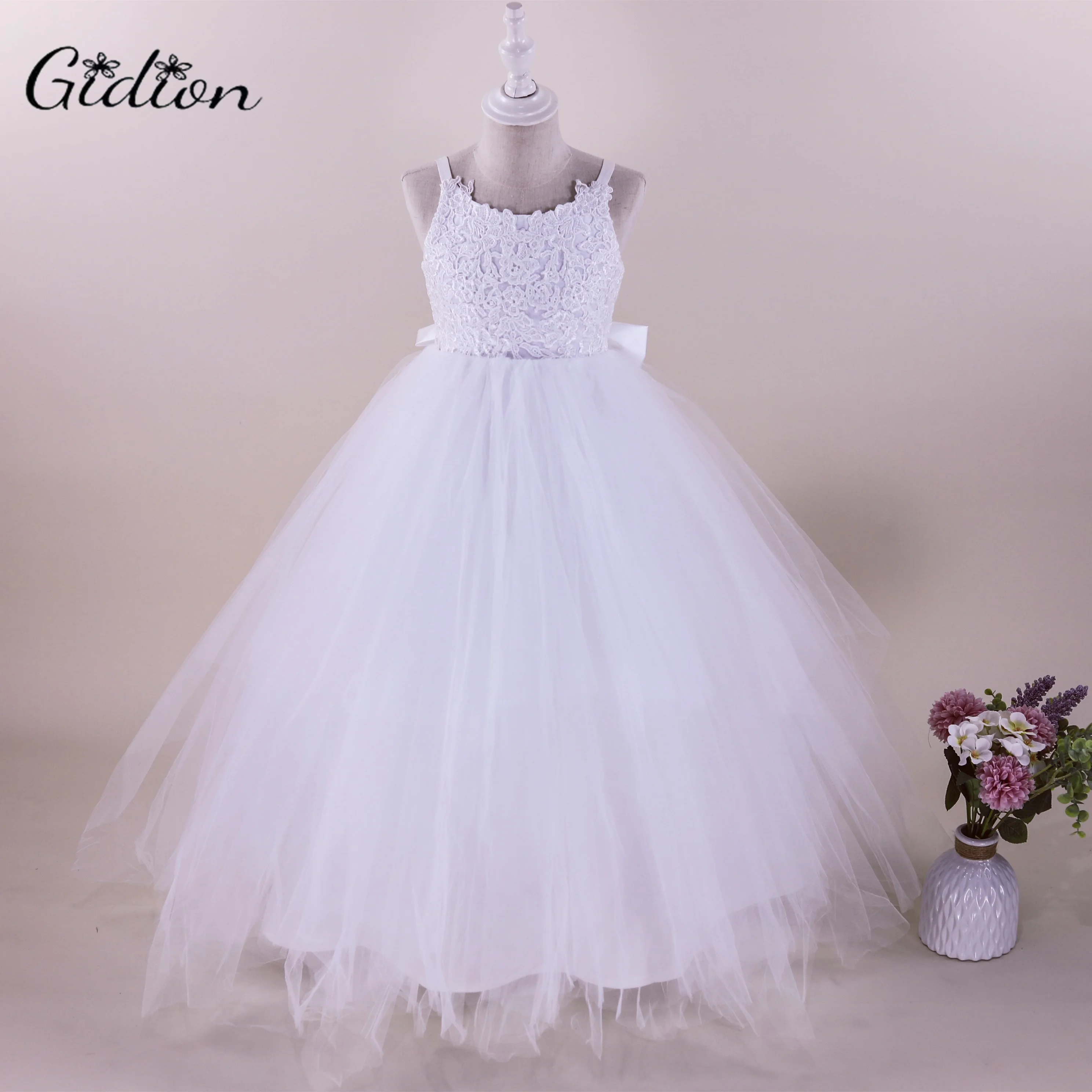 2-14 Years Lace Tulle Flower Girl Dresses For Wedding Sheer Lace Applique Back Girls Pageant Gowns Princess Dresses With Bow