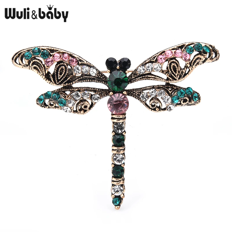 

Wuli&baby Rhinestone Green Red Dragonfly Brooches Classic Vintage Insects Brooch Pins Gifts