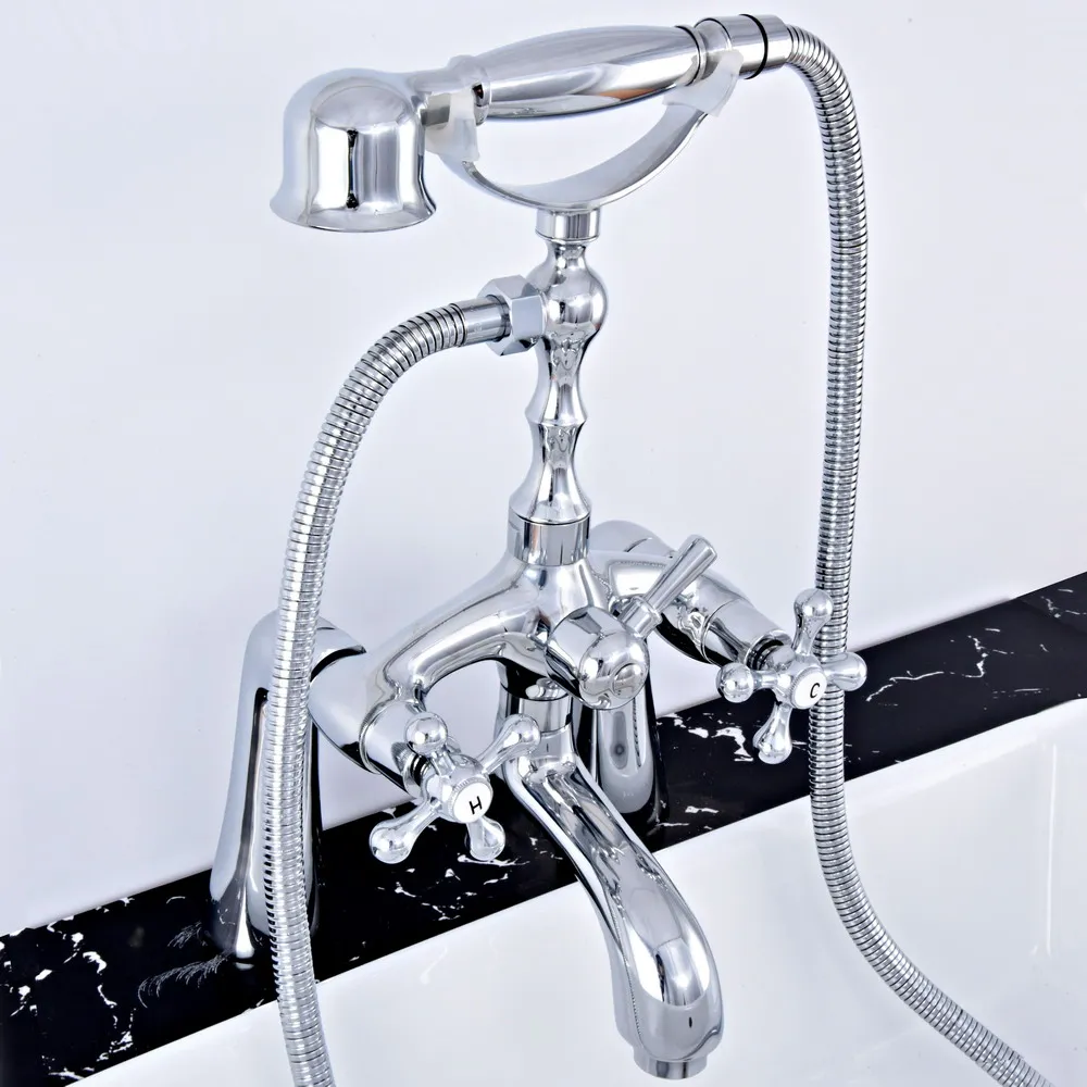 Silver Chrome Brass Deck Mounted Bathroom Tub Faucet Set with 1500MM Handheld Shower Spray Head Bath Mixer Tap 2tf752